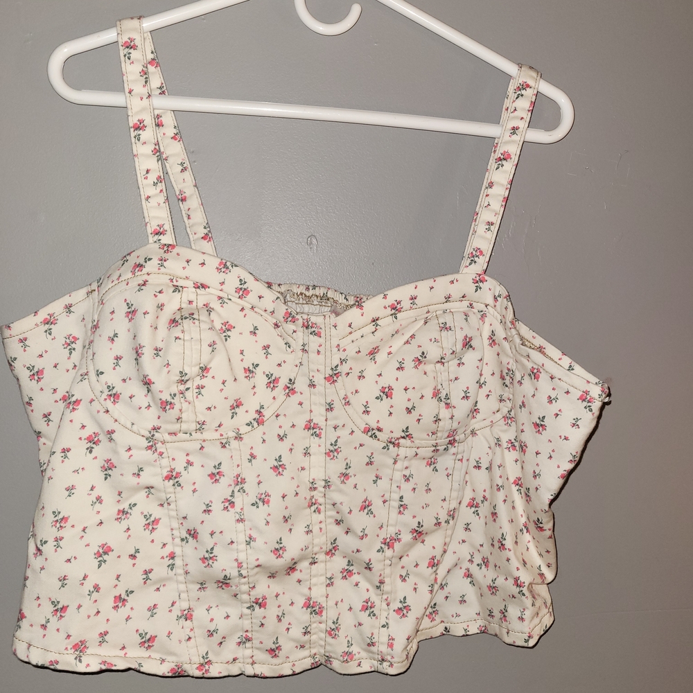 No Boundaries Cream Floral Bustier Crop Top with Pink Accents